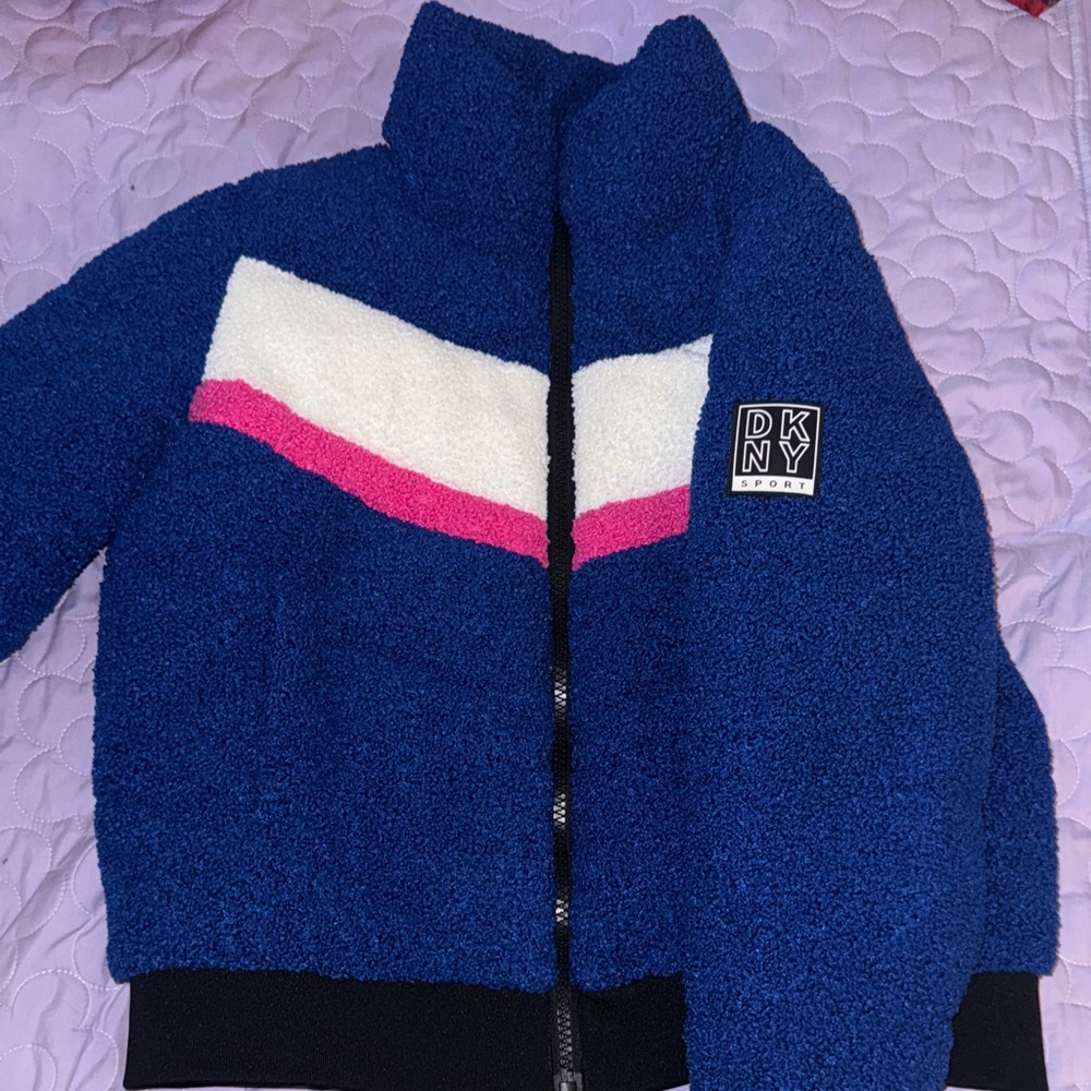 DKNY Women’s Blue Puffer Jacket with Pink and White Accents